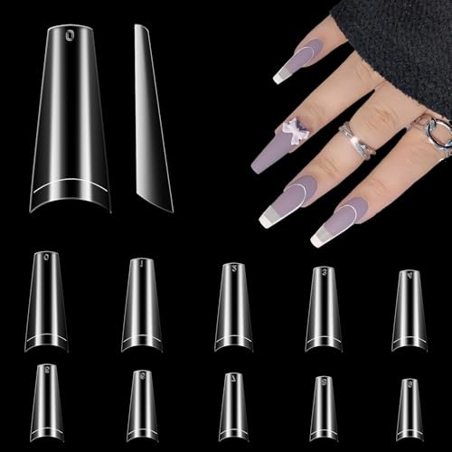 500 Piezas Tips Uñas Postizas Gel Ataud Bailarina Transparentes para Acrilicas, LEA-SHALL Tips Uñas Kit Puntas Falsas Artificiales de Semipermanentes Francesa Diseño 10 Tamaños