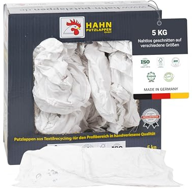 Hahn Putzlappen® Baumwolle Weiß [5kg] – Nahtlos auf verschieden Größen – Langlebig zum reinigen von empfindlichen Oberflächen, Elektronik, Haushalt & Autopflege – 100% Recycling, Made in Germany