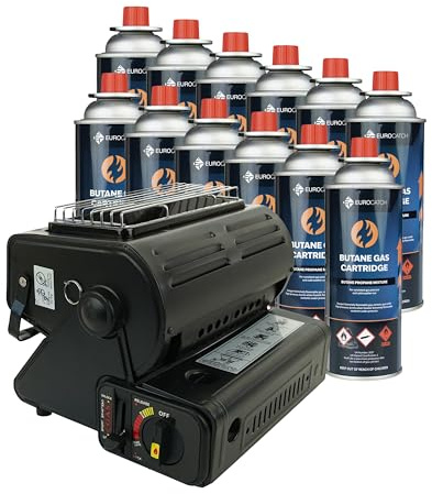 Eurocatch Fan heater & gas stove - incl. 12 gas Bottles - gas stove - heating - camping stove - patio heater - burner - ceramic plate - transport case