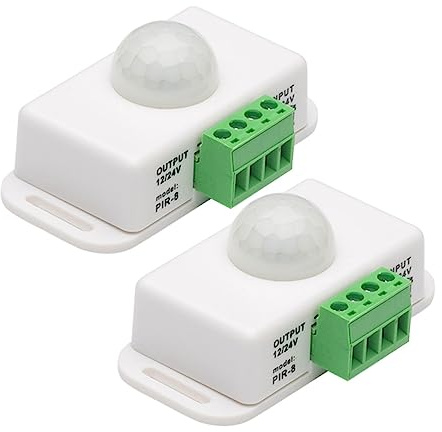 HOMSFOU Rilevatore a Infrarossi Per Movimento 12-24v Regolazione Ritardo 1-10 Minuti, Interruttore Luce a Infrarossi Per Strisce Led e Illuminazione Interna, Set 2 Pezzi Bianco