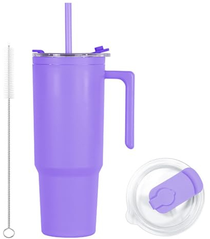 CJWLKJ 40oz Reusable Plastic Insulated Tumblers with Handle and Straw, Double Wall Tumbler with Lid, Cup Holder Friendly Travel Mug for Cold Drinks, Sand ice, Purple