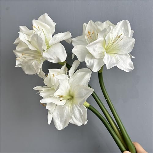 JHOMHF 17 Zoll Künstliche Amaryllis-Lilienstiele (3er-Pack) – Blumenstrauß Aus Seide Mit 3 Blüten for Die Heimdekoration(White)