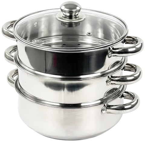 Cater Occasion 3-Tier 22cm Stainless Steel Steamer Set with Glass Lid – Healthy Cooking Cookware – Induction & Dishwasher Safe Steamer Pot