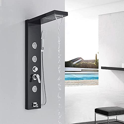 Système de Douche Mural en Acier Inoxydable avec pommeau de Douche à Effet Pluie et Cascade, Jets de Massage et douchette à Main offrant Eau Froide et Chaude