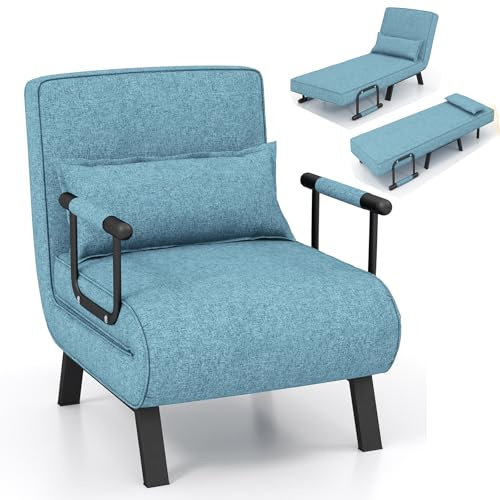 RELAX4LIFE 4 in 1 Poltrona Letto singolo, Poltroncina Pieghevole con Schienale Regolabile in 6 Posizioni, Poltrona Reclinabile con Cuscino e Braccioli per Camera da Letto e Salotto (BLU 2)