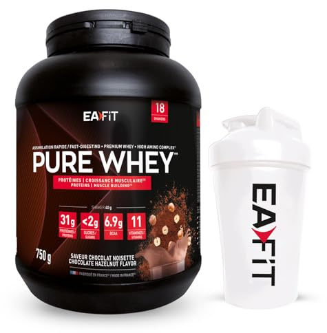 Pure whey chocolat noisette 750g + shaker blanc avec agitateur en acier - EAFIT marque française
