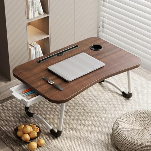 DECODEKO Bandeja para Cama Plegable, Mesa de Cama para Desayuno, Ideal para Portátil, Ordenador, Libros, Playa y Camping con Soporte para Portátil y Atril para Libros​ (Mod 2 Marrón Oscuro con Cajón)