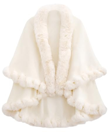 FM2018XSL Cape Manteau Femme Hiver Châle Étole avec Col en Fausse Fourrure Chaud Cardigan Tricoté Poncho Cape en Peluche (Blanc)