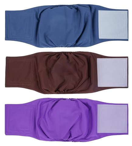 MICOOYO Waschbare Bauchbinden für Rüden | Wiederverwendbare Hundewindeln | Saugfähige Doggy Wraps mit verstellbarem Verschluss,Braun, Blau, Lila, 3 Stück,XS