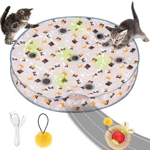 AYESY Juguete Interactivo Gato, Juguete de Bola USB para Gatos con Colchoneta Pelota de Juguetes para Gato Esconder Buscar Gatitos Recargable y Activado por Movimiento Juego de Atrapar Ratones 5 Hoyos