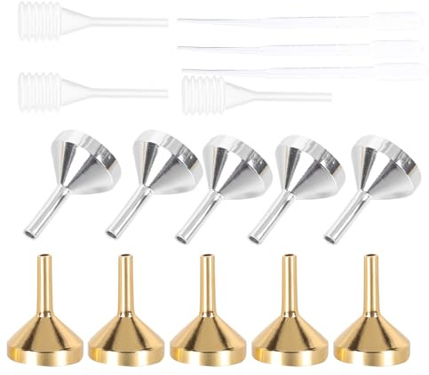 TOYANDONA Embudo Mini Metálico para Llenar Perfume y Aceites Esenciales, 16 Piezas (oro y Plata) con Gotero de Resorte y Plástico, Herramienta Portátil para Transferencia de Líquidos