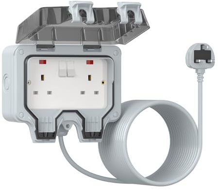 2 Plug Outdoor Extension Lead Waterproof 10M/33ft | External Power Electrical Cable, Outside Switched Socket IP66 Weatherproof Plug Sockets for Garden, 13A/3250W
