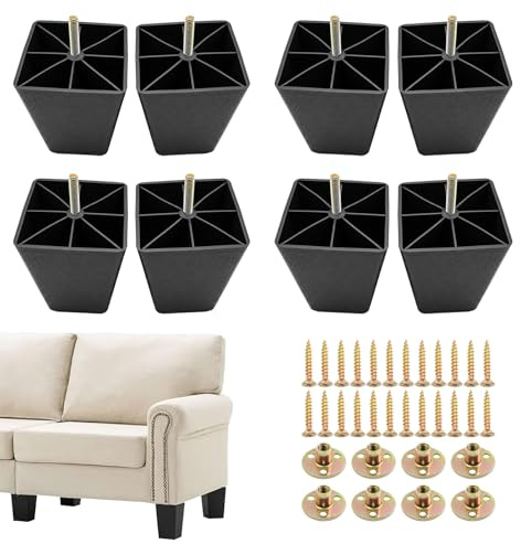 8 Pcs Plastic Furniture Legs with Mounting Plate and Screws, 4.6 Inch Black Square Tapered Sofa Feet Replacement Furniture Legs Plastic Sofa Leg Couch Leg for Couch Chair Bed Table TV Cabinet DIY Proj