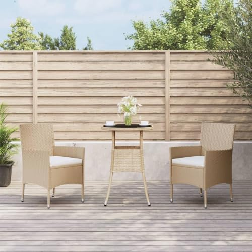PUGYNBK 3-TLG. Garten-Bistro-Set beige mit Kissen aus Poly Rattan, 2 Bistrostühle mit Armlehnen und dick gepolsterten Sitzkissen, Stabiler pulverbeschichteter Stahlrahmen, robuster Tisch