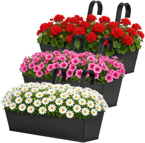 evergoods 3-Piece Railing Planter Box Set 41×14.5×12.5cm – Metal Balcony Hanging Flower Pots with Wide Hooks (Fits 7cm Railings), Outdoor Window Box Planters for Balcony, Fence, Deck & Garden Decor