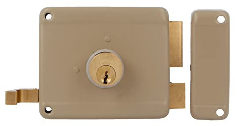 Amig - Serratura a Soprapponere Destra con leva di Chiusura, Linguetta e Maniglia per Porte in Legno Mod. 78 | 100 x 85 mm | Chiavistello con Cilindro Rotondo a Dente di Sega | Acciaio Beige