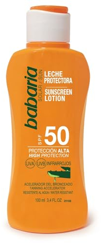 Babaria - Lait solaire SPF50+ UVA-UVB et infrarouge, accélérateur de bronzage, contient de l'aloe vera, résistant à l'eau, végétalien, unisexe - 100 ml