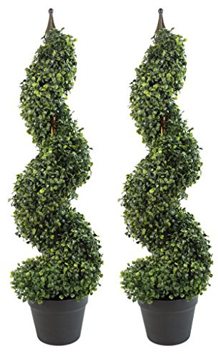 Leaf LEAF-7004-PAIR Artificial Boxwood Tower Tree Topiary Spiral Metal Top-Pair of 90cm (3ft Tall), Green