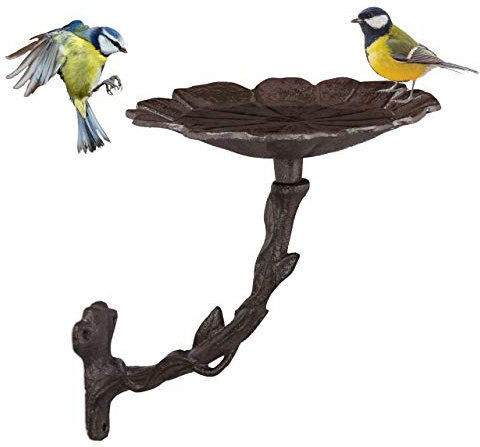 Relaxdays Vogeltränke aus Gusseisen, Blüte, Gartendeko, Wandmontage, Vogelfutterstelle, Wasserschale f. Wildvögel, braun
