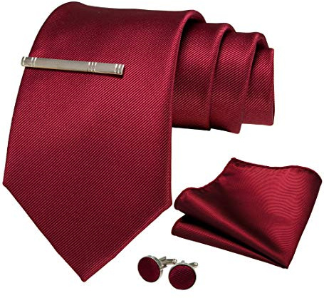 JEMYGINS Cravate Homme Vin rouge en Soie 9CM Extra Longue et Pinces à cravate et Carre de poche Set