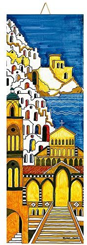 Baldosa cerámica cm. 10x30 con Impresión de un Paisaje de la Costa de Amalfi, Paisaje Nocturno de Amalfi, Azulejo Ornamental para Colgar.