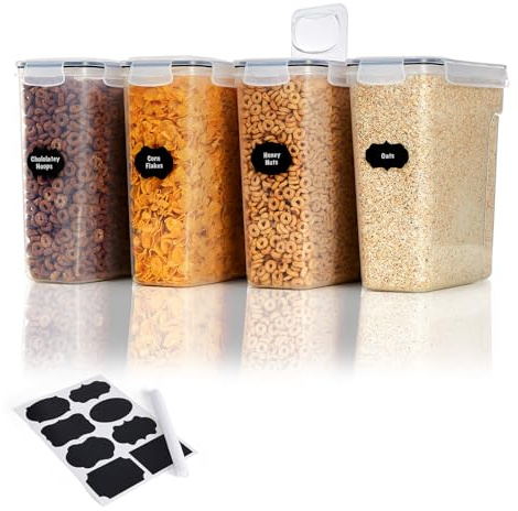 Lifewit 4 Botes de Cocina Alimentarios con Tapas Abatibles, 4L Cajas de Almacenaje de Plástico de con Etiquetas Adhesivas, Recipiente Hermético para Cereales, Arroz, Harina, Azúcar, Sin BPA