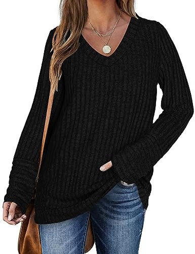 PLOKNRD Sweatshirt Femme Col en V Pulls à Manches Longues Décontractés Top Léger et Lâche Classique(Noir,L)