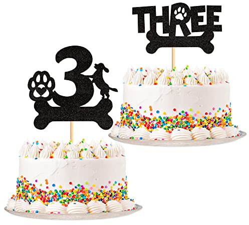 Blumomon 2Pcs Dog Three Cake Toppers Black Glitter Dog Paw Three Birthday Cake Decorations for Puppy Dog Theme Baby Shower Kids Boys Girls 3rd Birthday Party Supplies