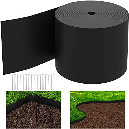 Watayo 50 FT Grass Barrier Landscape Edging Coil - 5 inch Depth Terrace Board Edging - Flexible Garden Bed Weed Barrier for Lawn Area Driveway Path Sidewalk
