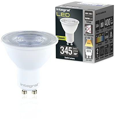 Integral LED 5 PACK GU10 Warm 2700K, 400LM, 3.6W (entspricht 50W) Nicht dimmbare Lampe - Energieeffizient & Ideal für Spotlight Armaturen & Downlights in Badezimmern, Küchen, Wohn- & Schlafzimmern