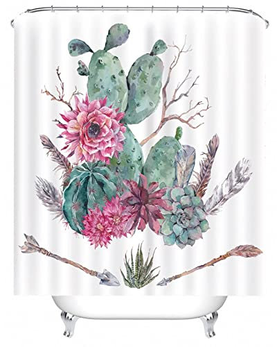Whoiy Duschvorhang Blumen Rosa, Duschvorhang 180X200 Frau Polyester Duschvorhänge Kaktus Blume Grün für Outdoor Hotel