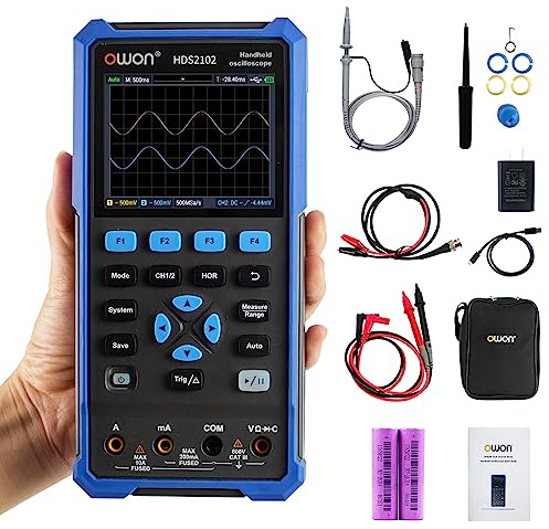 OWON HDS2102 Handheld Oscilloscope, 100MHz Bandwidth 2 in 1 Digital Multimeter Oscilloscope, 20000 Counts with 2 Channel USB Type C and 3.5 Inch LCD Display (oscilloscope+multimeter)