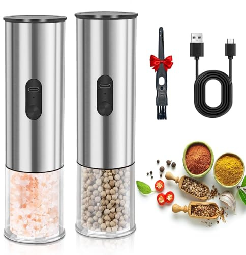 Enutogo Electric Salt and Pepper Grinder Set, Rechargeable Salt and Pepper Shakers Refillable, Automatic Pepper Mill with Adjustable Coarseness, One Hand Operation with LED light, Stainless Steel