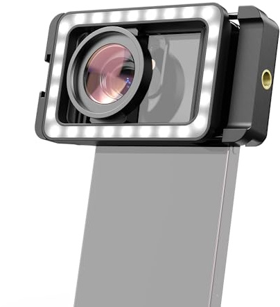 Jemora FL23 Clip de téléphone universel avec filetage 17 mm + 37 mm, lumière de remplissage LED, support pour griffe froide et adaptateur d'objectif à trou de vis 1/4 avec objectif macro M15 compatib