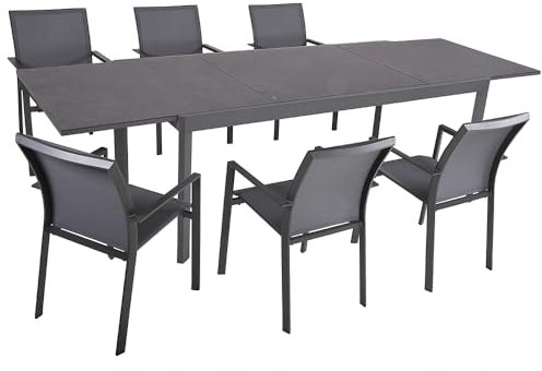 Lomadox Tischgruppe Garten 7-TLG. in athrazit mit Ausziehtisch und 6 Stapelstühlen