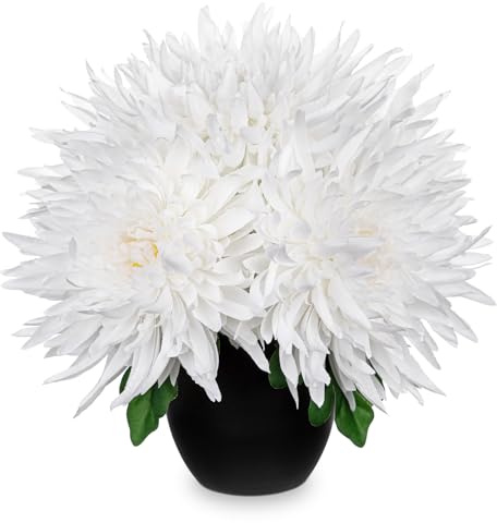 Oairse Fiori artificiali di crisantemo in vaso, 5 grandi teste di fiori di seta in vaso nero bianco finto crisantemo per composizioni floreali casa, ufficio, bagno, mensola, centrotavola, decorazione