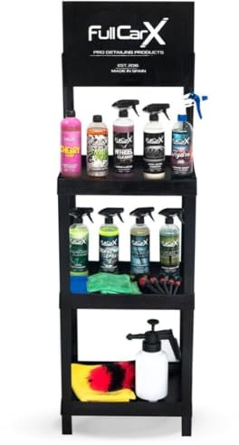 AutoFullCar - Kit Limpieza Coche Detailing FullCarX con Stand Expositor – Productos 750 ml para Interior y Exterior – Incluye Champú, Foam, Cera, Limpiadores, Accesorios y Microfibras