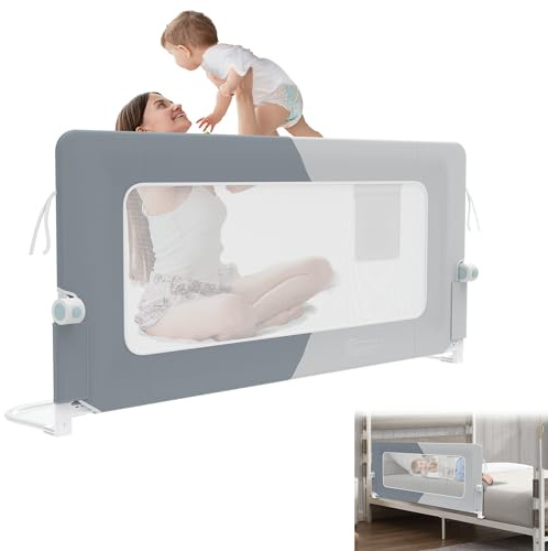 YRHome Griglia di protezione per letto da 150 cm, pieghevole, girevole a 180 gradi, per bambini, rete ariosa, regolabile in altezza, per lettino, letto dei genitori (grigio scuro + grigio chiaro)