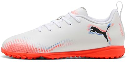 PUMA Future 8 Play Tt Jr Fußballschuh für Kinder, Unisex, Puma Weiß, PUMA Schwarz, leuchtendes Rot, 38.5 EU
