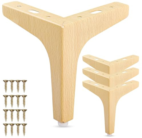 La Vane 5 Inch / 13cm Metal Furniture Legs, Set of 4 - Modern Diamond Triangle Natural Wood DIY Replacement Feet Corner legs for Cabinet, Sofa, Sideboard, Couch, Dresser Makeover