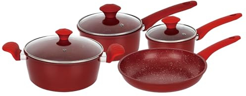 Herzberg Batterie de Cuisine 7 Pièces Antiadhésive HG04715, Rouge | revêtement antiadhésif, rétention de chaleur, poignées ergonomiques, facile à nettoyer, tous feux