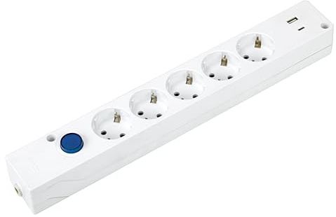 SIMON - Base Multifix, Regleta de Enchufes con 5 Tomas 16A y 2 USB A+C, Carga Rápida, Quick Charge, Enchufe Múltiple, Ladrón con Toma de Tierra e Interruptor de Luz, 250V, 3680W, Color Blanco