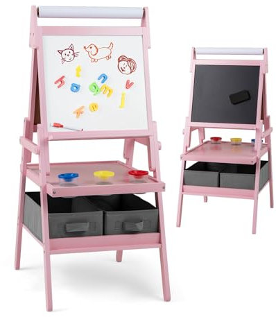 RELAX4LIFE Cavalletto per Bambini, Cavalletto a Doppia Faccia con Rullo di Carta, Vassoi di Stoccaggio, 4 Tazze per Pittura e 2 Cassetti, Cavalletto Disegno in Legno per Bambini 3+ Anni (Rosa)
