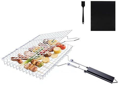 Deepen Cestino Portatile per Barbecue - Cestino per Barbecue con Manico Rimovibile & spazzole in silicone Perfetto per Grigliare Bistecche, Salmone & Verdure