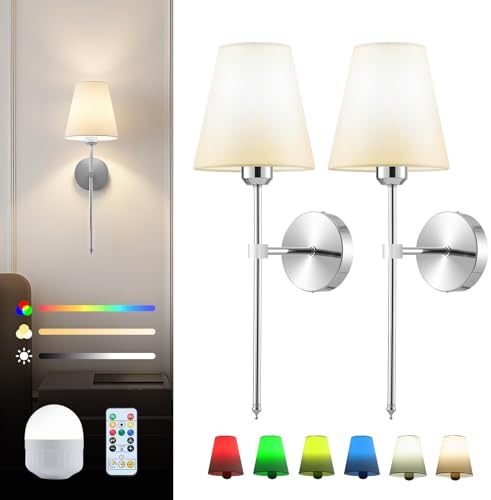 Warmiehomy Battery Operated Wall Lights Set of 2, Indoor Rechargeable Wireless Wall Sconces with Remote & Dimmable Bulb, 3 Color Temperature & 16 RGB Colors Wall Lamp for Living Room Bedroom, Chrome