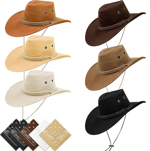 ASMIZ Lot de 6 Chapeaux de Cowboy avec Bandanas, Chapeaux Western Ajustables pour Homme, Idéal pour Fêtes à Thème, Carnaval, Halloween