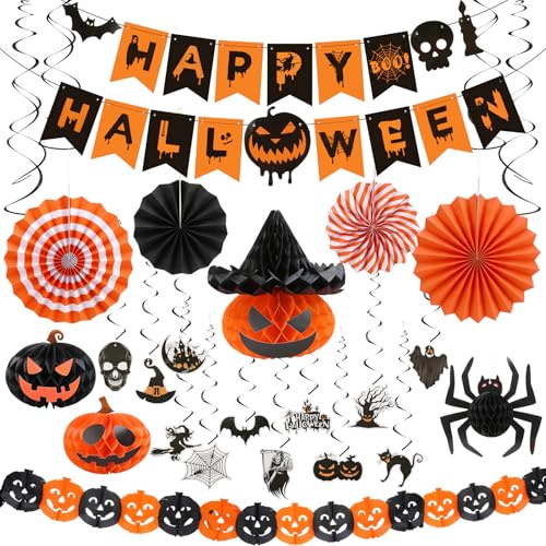 saerryor 38 Pcs Halloween Decorations, Happy Halloween Banner, Hanging Honeycomb Balls, Flag, Hanging paper Reusable Decorations for Home, Office, School, Garden, Shop