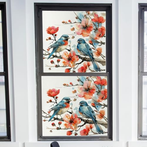 Fensterfolie Blickdicht 58X60CM Blumenvogel Sichtschutzfolie Fenster von Aussen Anti-Uv,Fenster Folie Blickschutz für Badezimmer, Duschkabine Sowie Türen, Umkleide