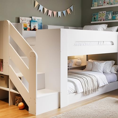 Flair Furnishings - Double Bunk Bed for Kids, Staircase Bunk Bed with Storage, Heavy Duty, Integrated Shelving and Step Storage, Sleek and Stylish (White)