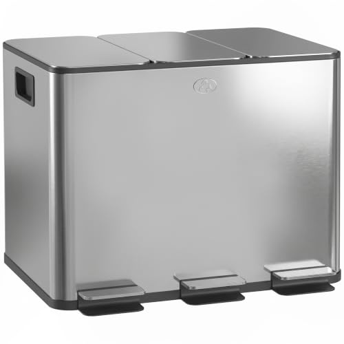 HOMCOM Poubelle Cuisine 3 x 20L Tri Sélectif 3 Compartiments Argent | Acier Inoxydable, Pédale, Seaux Intérieurs Amovibles, Couvercle à Fermeture en Douceur, Poignées, Anti-Traces
